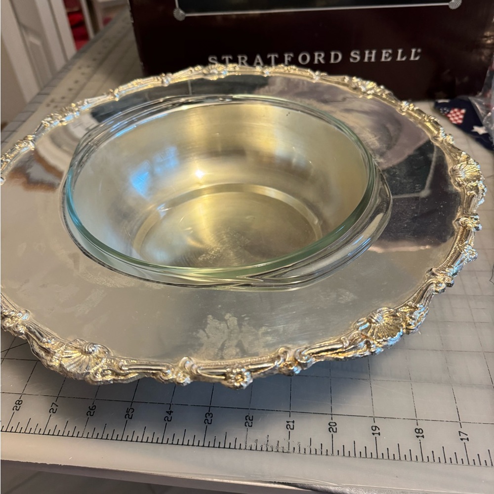Beautiful International silverplate Serving dish with glass Pyrex bowl inset